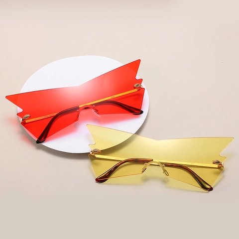 Irregular Rimless Sunglasses Oversized Metal Temple UV400 Protection Women Fashion Punk Bat Wing Shape Eyewear