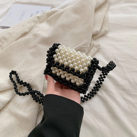 Handgefertigte Künstliche Perlen Mini Umhängetasche Elegant Retro Schwarz Weiß Kontrast Kleine Abendtasche Für Damen