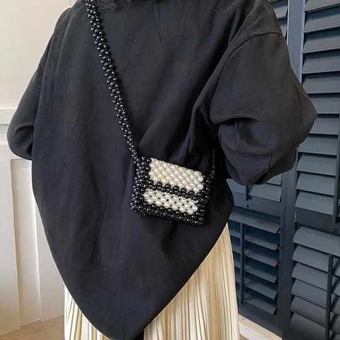 Handgefertigte Künstliche Perlen Mini Umhängetasche Elegant Retro Schwarz Weiß Kontrast Kleine Abendtasche Für Damen