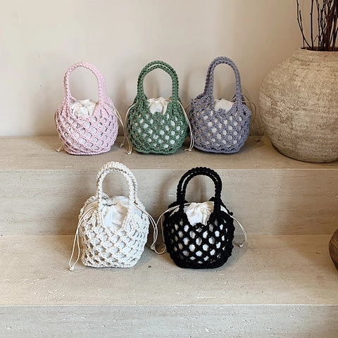 Handgemachte Baumwollseil Gewebte Handtasche Hohlmasche Beuteltasche Mit Kordelzug Innenbeutel Für Sommer Strand Urlaub Lässig