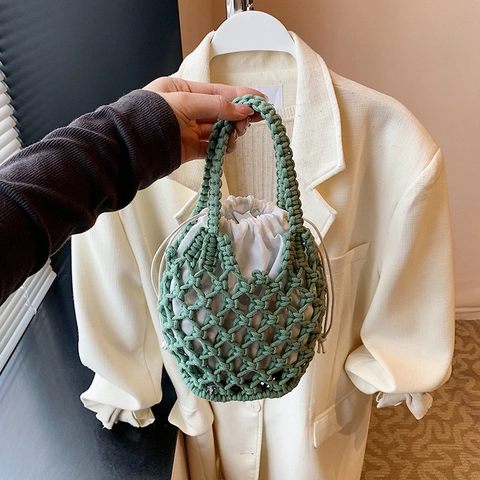 Handgemachte Baumwollseil Gewebte Handtasche Hohlmasche Beuteltasche Mit Kordelzug Innenbeutel Für Sommer Strand Urlaub Lässig