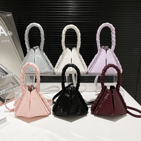 Women Triangle Handbag PU Leather Snake Print Geometric Design Woven Handle Small Shoulder Bag Fashionable Trendy