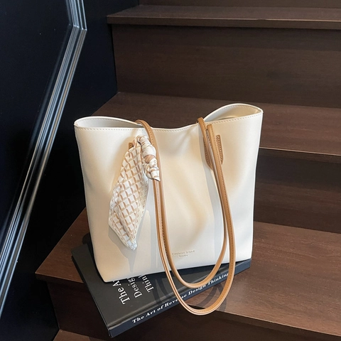 Bolso Tote De Cuero PU De Gran Capacidad Con Pañuelo Decorativo Color De Contraste Bolso De Hombro Para Mujer Oficina
