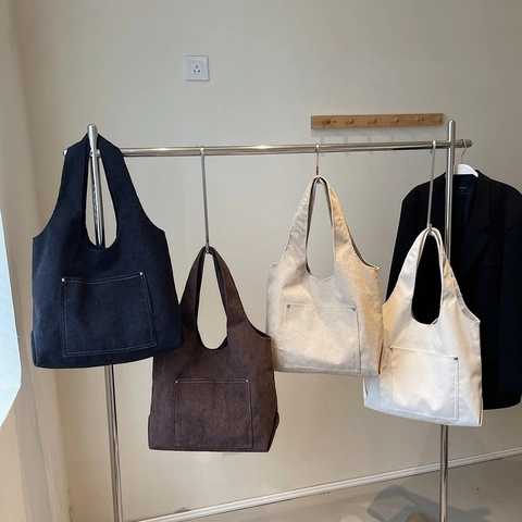 Borsa Tote In Velluto A Coste Grande Capacità Donna Borsa A Spalla Retro Con Tasca Frontale E Dettagli Borchie