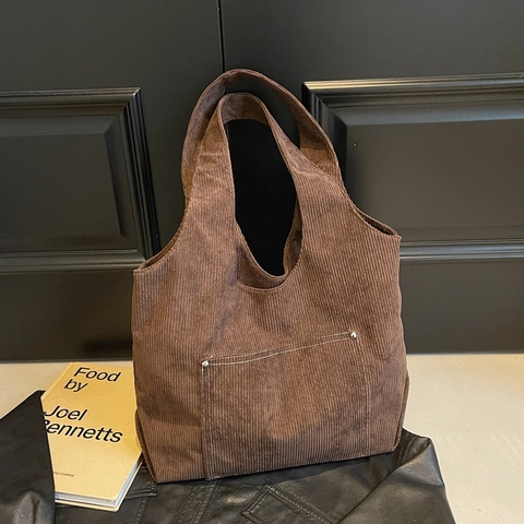 Borsa Tote In Velluto A Coste Grande Capacità Donna Borsa A Spalla Retro Con Tasca Frontale E Dettagli Borchie