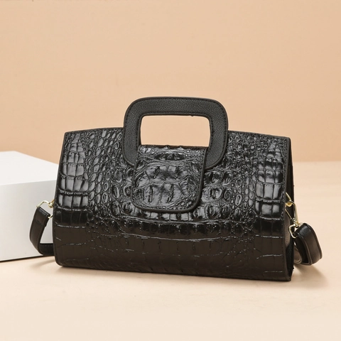 Women Handbag Tote Bag Crocodile Pattern PU Leather Square Handle Detachable Shoulder Strap Elegant Retro Style