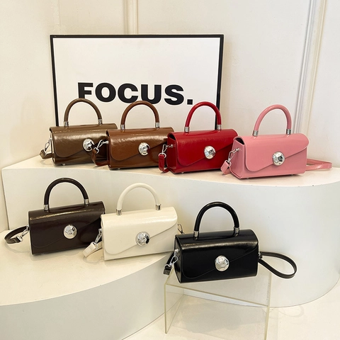 Glossy PU Leather Square Box Handbag For Women Minimalist Shoulder Bag With Silver Ball Clasp Retro Crossbody Bag