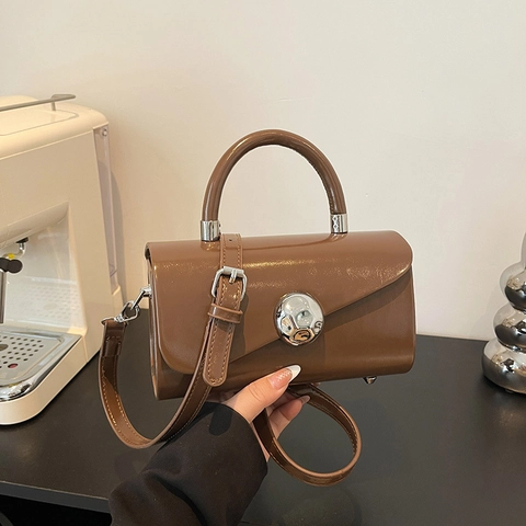 Glossy PU Leather Square Box Handbag For Women Minimalist Shoulder Bag With Silver Ball Clasp Retro Crossbody Bag