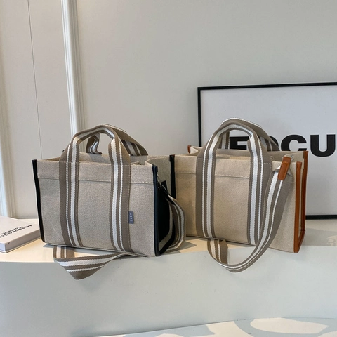 Borsa Tote In Tela Cinghie A Righe Finiture In Pelle Borsa A Tracolla Per Donna Casual Quotidiano Pendolare Lavoro Shopping