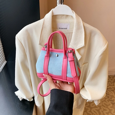 Mini Handbag Women Chic Pebble PU Leather Denim Contrast Color Shoulder Bag With Detachable Strap Fashion Tote