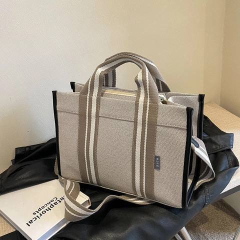 Borsa Tote In Tela Cinghie A Righe Finiture In Pelle Borsa A Tracolla Per Donna Casual Quotidiano Pendolare Lavoro Shopping