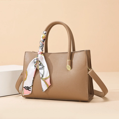 Women Handbag Pebbled PU Leather Crossbody Shoulder Tote With Satin Scarf Decor Fashion Simple Commuter Bag