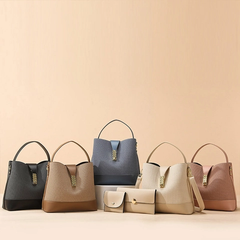 Women Fashion PU Leather Contrast Color Bucket Bag Collection With Wallet And Cardholder Shoulder Crossbody Bag For Daily Commute