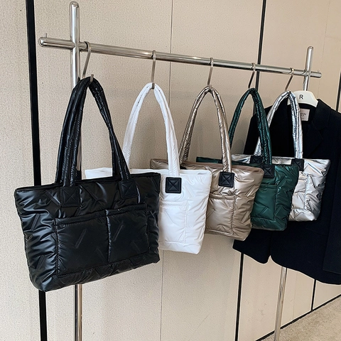 Women Puffer Tote Bag Quilted Padded Large Capacity PU Shoulder Handbag Solid Color Commuter Retro Style