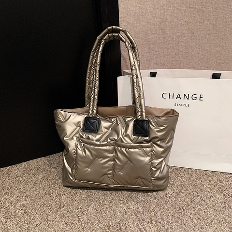 Women Puffer Tote Bag Quilted Padded Large Capacity PU Shoulder Handbag Solid Color Commuter Retro Style
