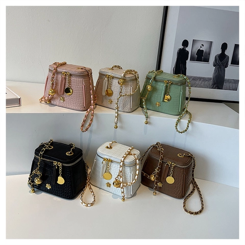 Mini Vanity Case Box Bag Crocodile Embossed PU Leather Chain Strap Gold Hardware Crossbody Shoulder Bag For Women
