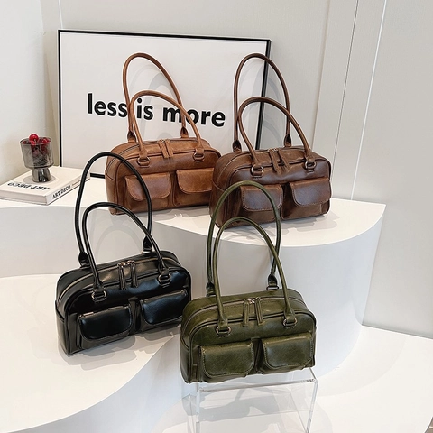 Borsa A Mano Vintage In Pelle PU Da Donna Grande Capacità Borsa A Spalla Con Due Tasche Anteriori Versatile E Alla Moda