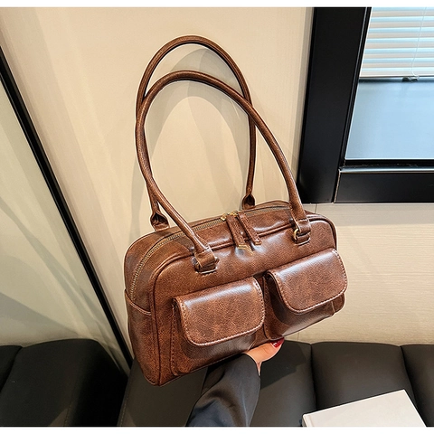 Borsa A Mano Vintage In Pelle PU Da Donna Grande Capacità Borsa A Spalla Con Due Tasche Anteriori Versatile E Alla Moda