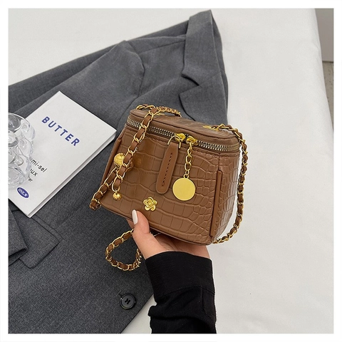 Mini Vanity Case Box Bag Crocodile Embossed PU Leather Chain Strap Gold Hardware Crossbody Shoulder Bag For Women