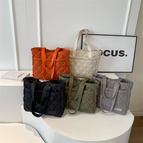 Women Quilted Diamond Pattern Tote Bag Large Capacity Nylon Shoulder Handbag Urban Minimalist Lightweight Casual Bag