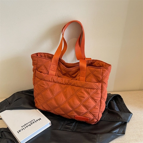Women Quilted Diamond Pattern Tote Bag Large Capacity Nylon Shoulder Handbag Urban Minimalist Lightweight Casual Bag