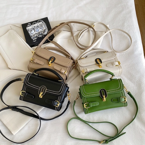 Damen PU Leder Schulter Umhängetasche Kontrastnähte Schlossschnalle Griff Quadratische Handtasche Für Den Alltag