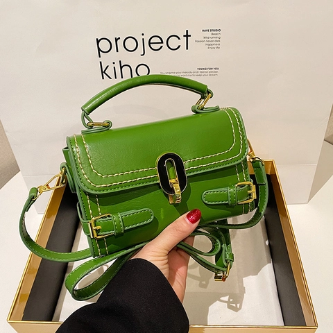 Damen PU Leder Schulter Umhängetasche Kontrastnähte Schlossschnalle Griff Quadratische Handtasche Für Den Alltag
