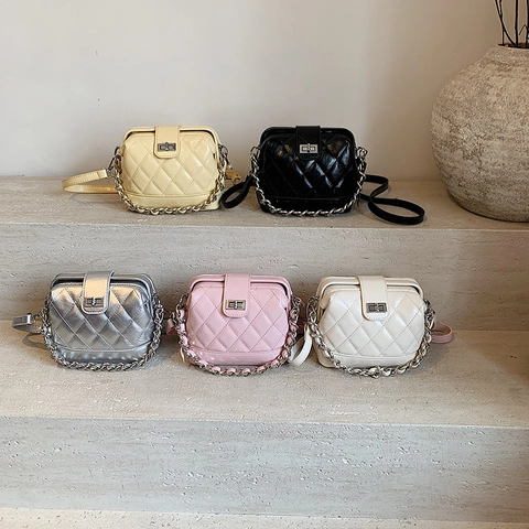 Quilted Chain Bag PU Leather Elegant Square Crossbody Handbag With Metal Turn Lock For Women
