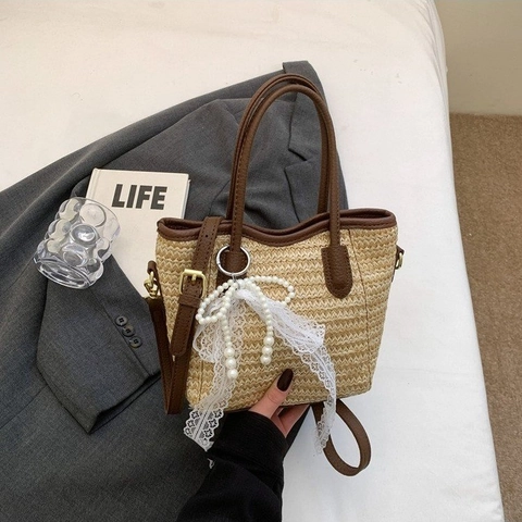 Sac Seau Tissé En Paille D'été Grande Capacité Avec Noeud En Dentelle Et Pendentif Künstliche Perle Sac À Main Bandoulière Plage Vacances