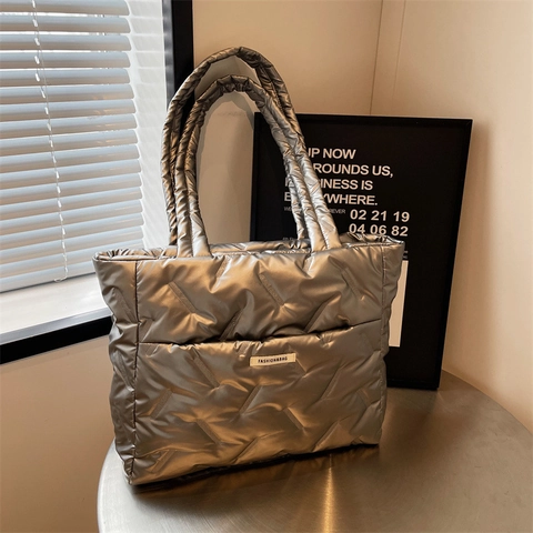 Large Capacity Quilted Puffer Tote Bag For Women Shiny Padded Shoulder Bag Casual Commute Handbag Solid Color Fashion Winter