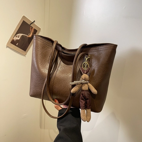Sac Tote Grande Capacité Cuir PU Style Français Rétro Sac À Main Épaule Navette Avec Porte-Clés Lapin En Peluche Pour Femme