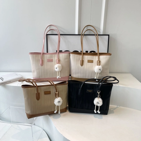 Bolso Tote Gran Capacidad Cuero PU Textura Ola Bolso Hombro Color Contraste Conmutar Mujeres Colgante Peludo