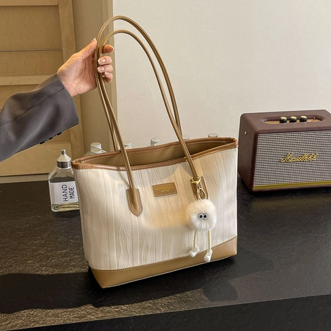 Bolso Tote Gran Capacidad Cuero PU Textura Ola Bolso Hombro Color Contraste Conmutar Mujeres Colgante Peludo