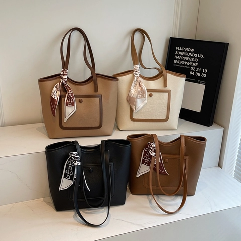Borsa Tote Grande Capacità Donna Pelle PU Motivo Litchi Borsa A Mano Commuter Con Decorazione Sciarpa Di Raso