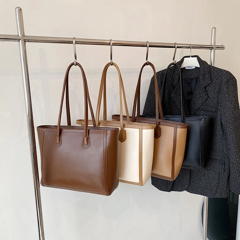 Bolso Tote Grande Para Mujer Cuero PU Conmutación Simple Casual Bolso De Hombro Trabajo Compras Color Sólido Minimalista