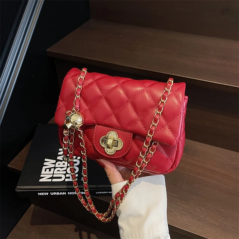Borsa A Tracolla Trapuntata Da Donna Pelle PU Motivo Diamante Catena Dorata Serratura Quadrifoglio Tracolla Regolabile