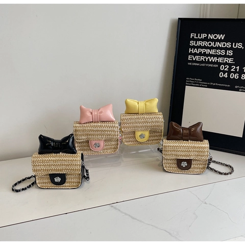 Mini Crossbody Bag Straw Woven PU Leather Large Bowknot Flower Lock Sweet Korean Style Girls Summer Vacation Handbag