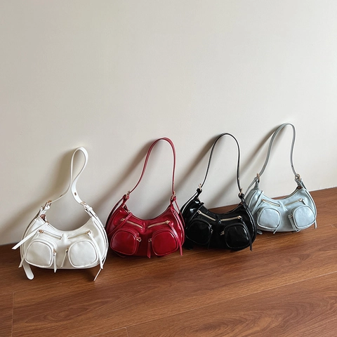 Borsa Hobo Retro Sottobraccio Tasche Multiple Pelle PU Borsa A Spalla Mezzaluna Per Donna Stile Moto Vintage