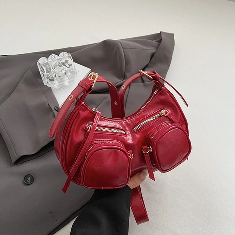 Borsa Hobo Retro Sottobraccio Tasche Multiple Pelle PU Borsa A Spalla Mezzaluna Per Donna Stile Moto Vintage