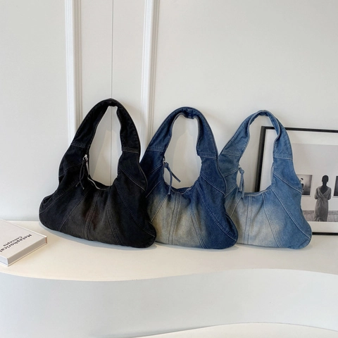 Vintage Washed Denim Patchwork Hobo Bag For Women Retro Casual Large Capacity Shoulder Bag Streetwear Handbag