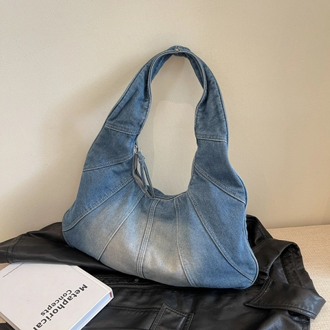 Vintage Washed Denim Patchwork Hobo Bag For Women Retro Casual Large Capacity Shoulder Bag Streetwear Handbag