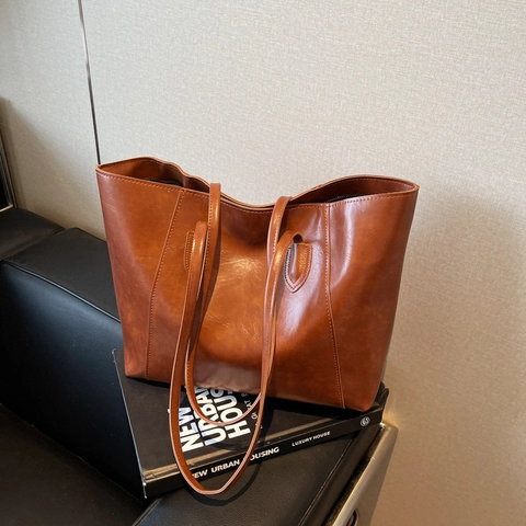 Borsa Tote Grande Pelle PU Semplice Retrò Pendolare Borsa A Tracolla Per Donna Colore Solido Casual Versatile