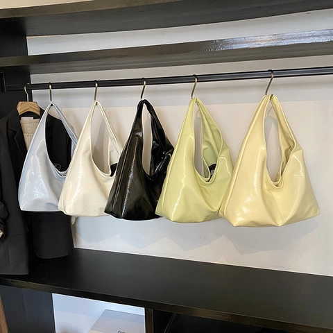 Minimalist Hobo Shoulder Bag Glossy PU Leather Large Capacity Pleated Texture Urban Commute Handbag For Women