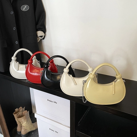 Women Half Moon Hobo Bag PU Leather Solid Color Knot Handle With Silver Metal Chain Strap Retro Minimalist Crossbody Bag