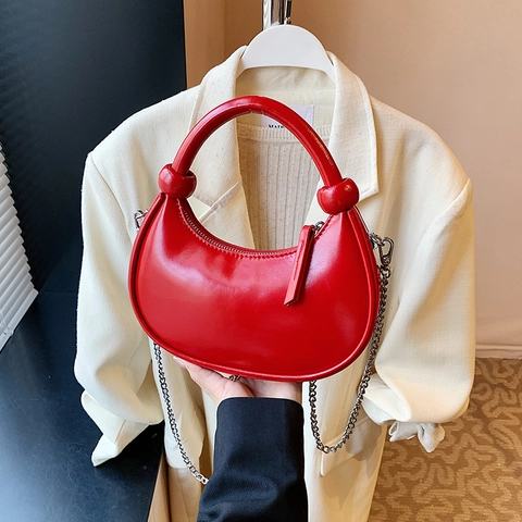 Women Half Moon Hobo Bag PU Leather Solid Color Knot Handle With Silver Metal Chain Strap Retro Minimalist Crossbody Bag