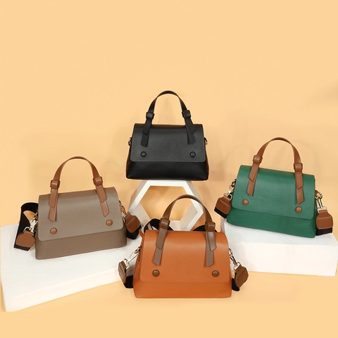 Elegante Borsa A Mano In Pelle Di Vacchetta A Grana Di Litchi Per Donna Con Tracolla Larga In Tessuto Borsa A Tracolla Stile Retrò