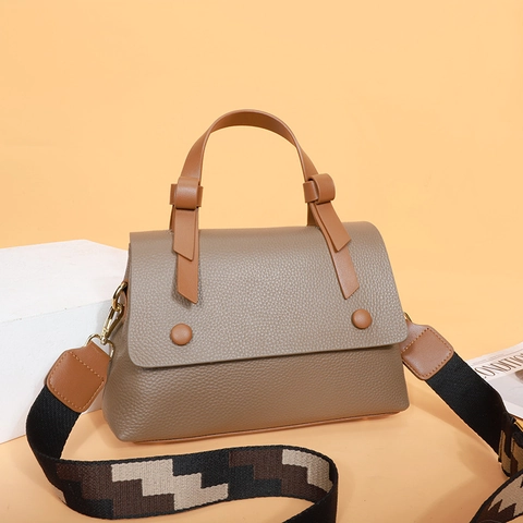 Elegante Borsa A Mano In Pelle Di Vacchetta A Grana Di Litchi Per Donna Con Tracolla Larga In Tessuto Borsa A Tracolla Stile Retrò