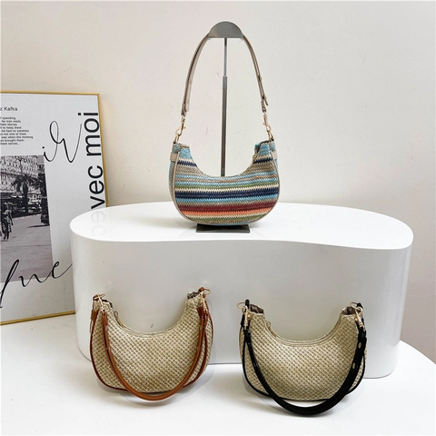 Borsa A Spalla Intrecciata Paglia Mezzaluna Hobo Righe Color Block Tracolla Pelle PU Spiaggia Estate Per Donna