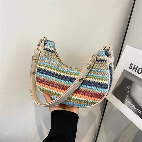 Borsa A Spalla Intrecciata Paglia Mezzaluna Hobo Righe Color Block Tracolla Pelle PU Spiaggia Estate Per Donna