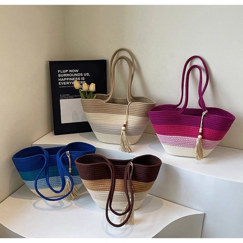 Woven Tote Bag Gradient Kontrastfarbe Stroh Handtasche Mit Quaste Holzperlen Sommer Strand Urlaub Für Frauen